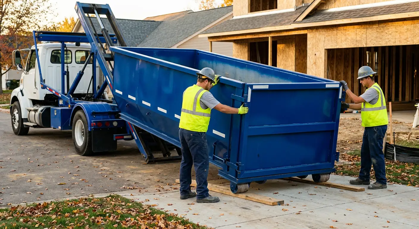 Roll-off dumpster delivery truck in residential area in Kennewick, WA