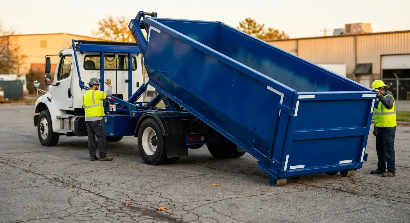 Roll-off dumpster rental truck protecting driveway surfaces in Kennewick, WA
