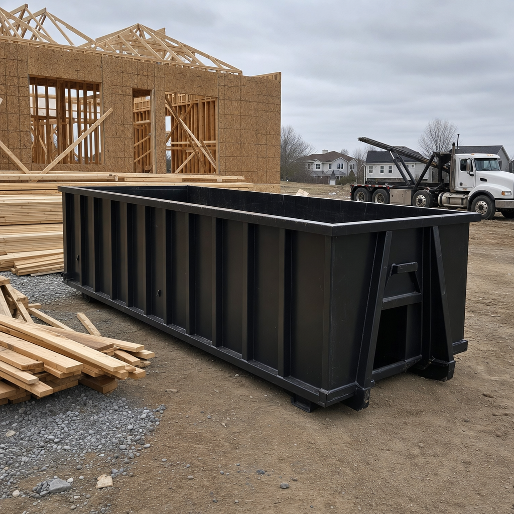 Matte-black 40-yard roll-off dumpster staged on a framed-out residential construction site in Kennewick, framing lumber stacked nearby, hooklift delivery truck visible in the background under bright Colorado daylight