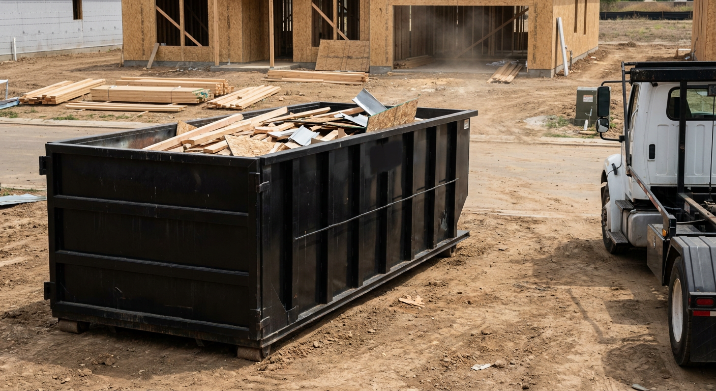 Matte-black 20-yard roll-off construction dumpster with heavy ribbed steel sidewalls and swing rear doors at a working jobsite in Kennewick, sitting directly on compacted dirt with an unmarked white hauler partially visible at the far edge of the frame.