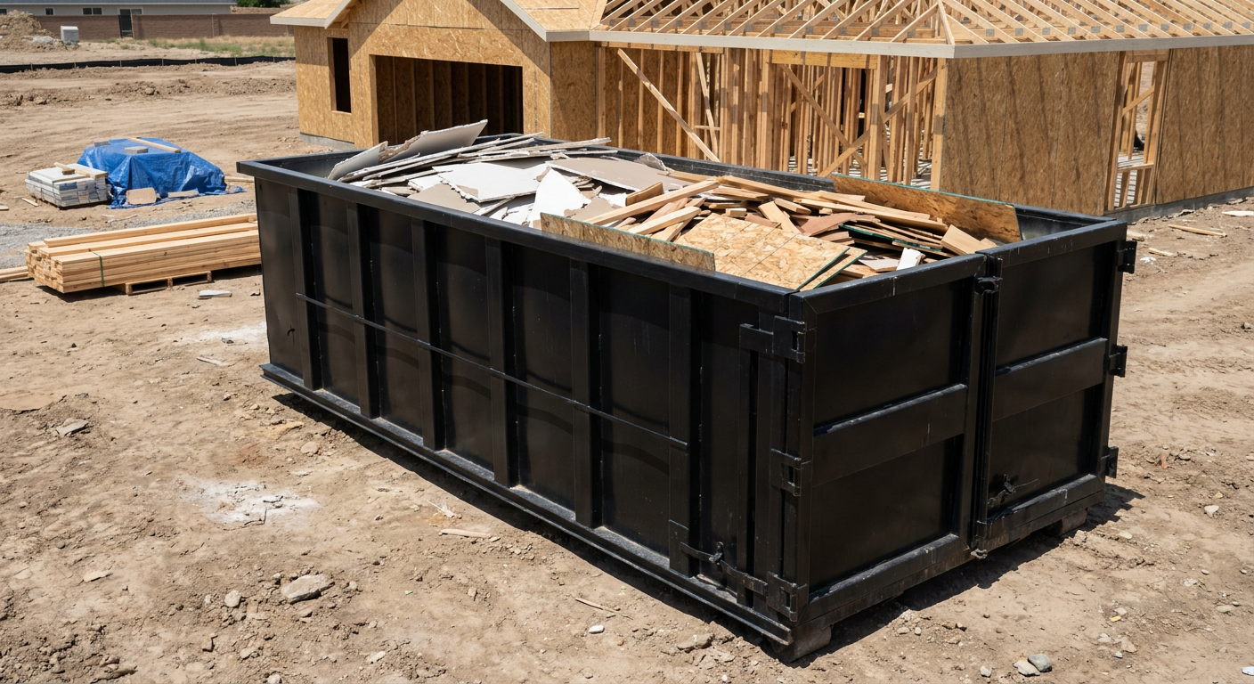 Matte-black 30-yard roll-off construction dumpster sitting directly on the compacted-dirt site of a framed single-family home build in Kennewick, drywall and lumber scrap loaded inside.