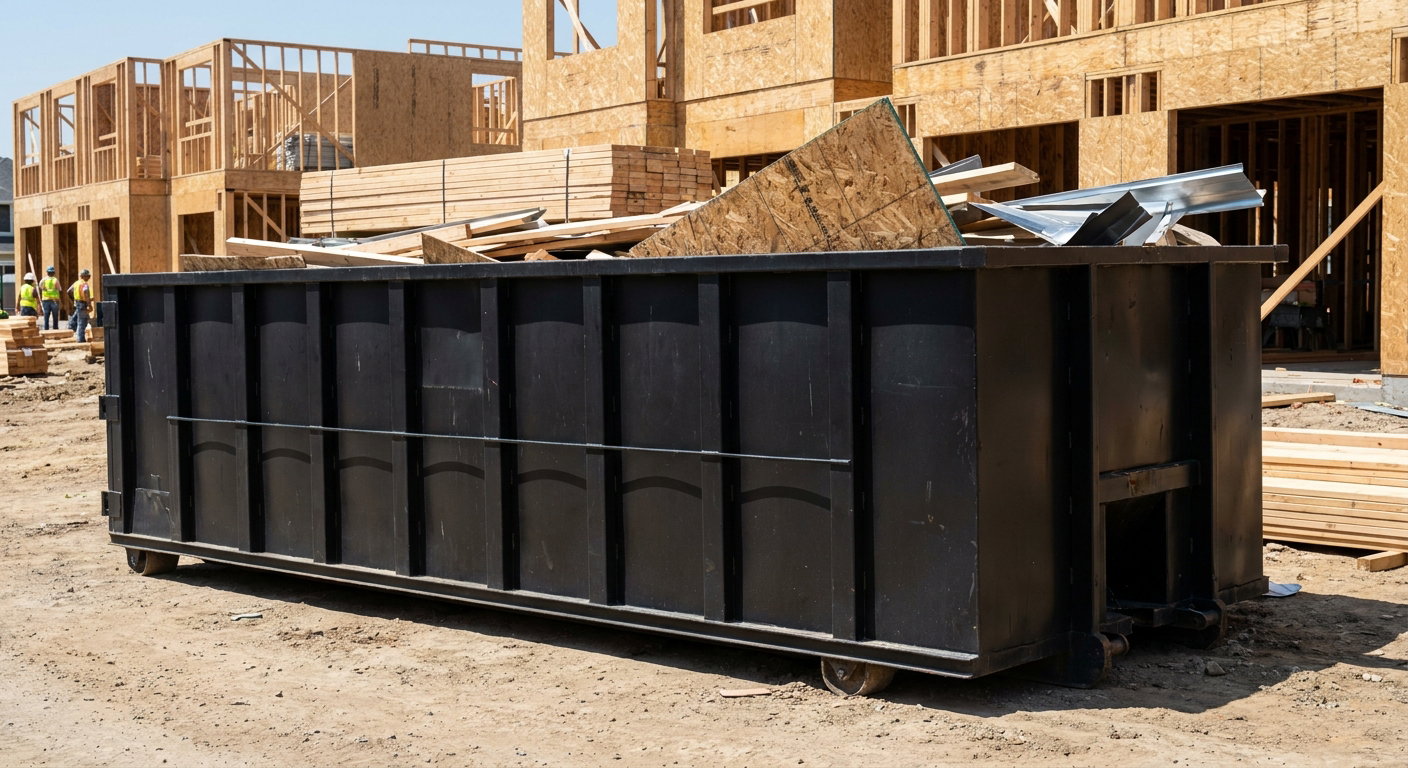 Matte-black 40-yard roll-off construction dumpster being lowered from a white-cab hooklift delivery truck onto the compacted-dirt jobsite at a commercial build site in Kennewick