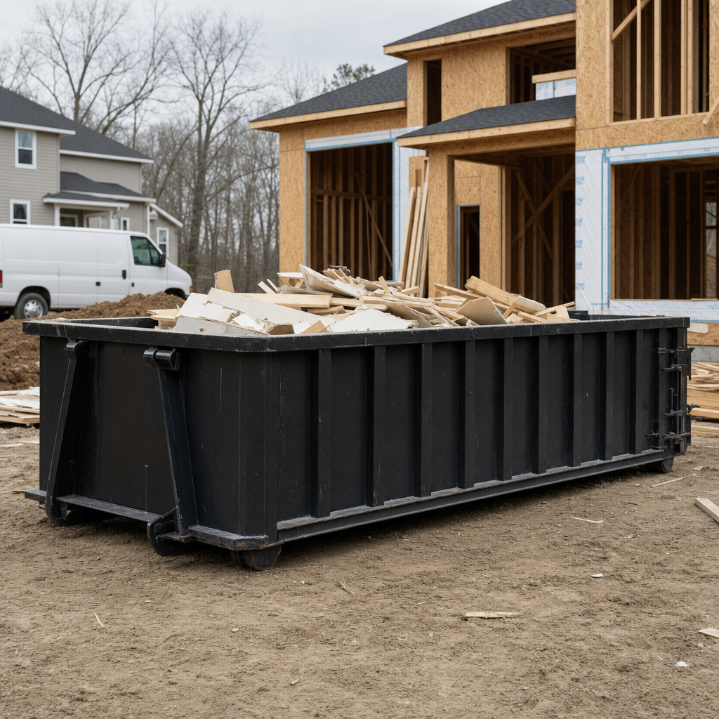 Worker in a yellow high-visibility vest tossing framing lumber and broken drywall into a matte-black 30-yard construction roll-off dumpster on an active build site in Kennewick, bright daylight