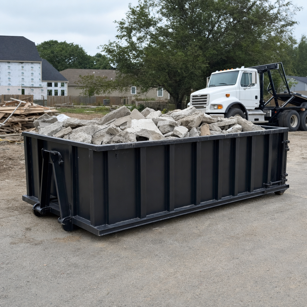Low-profile matte-black lowboy roll-off dumpster loaded with broken concrete slab and rebar at a foundation tear-out in Kennewick, skid steer parked beside it, sunny Colorado morning