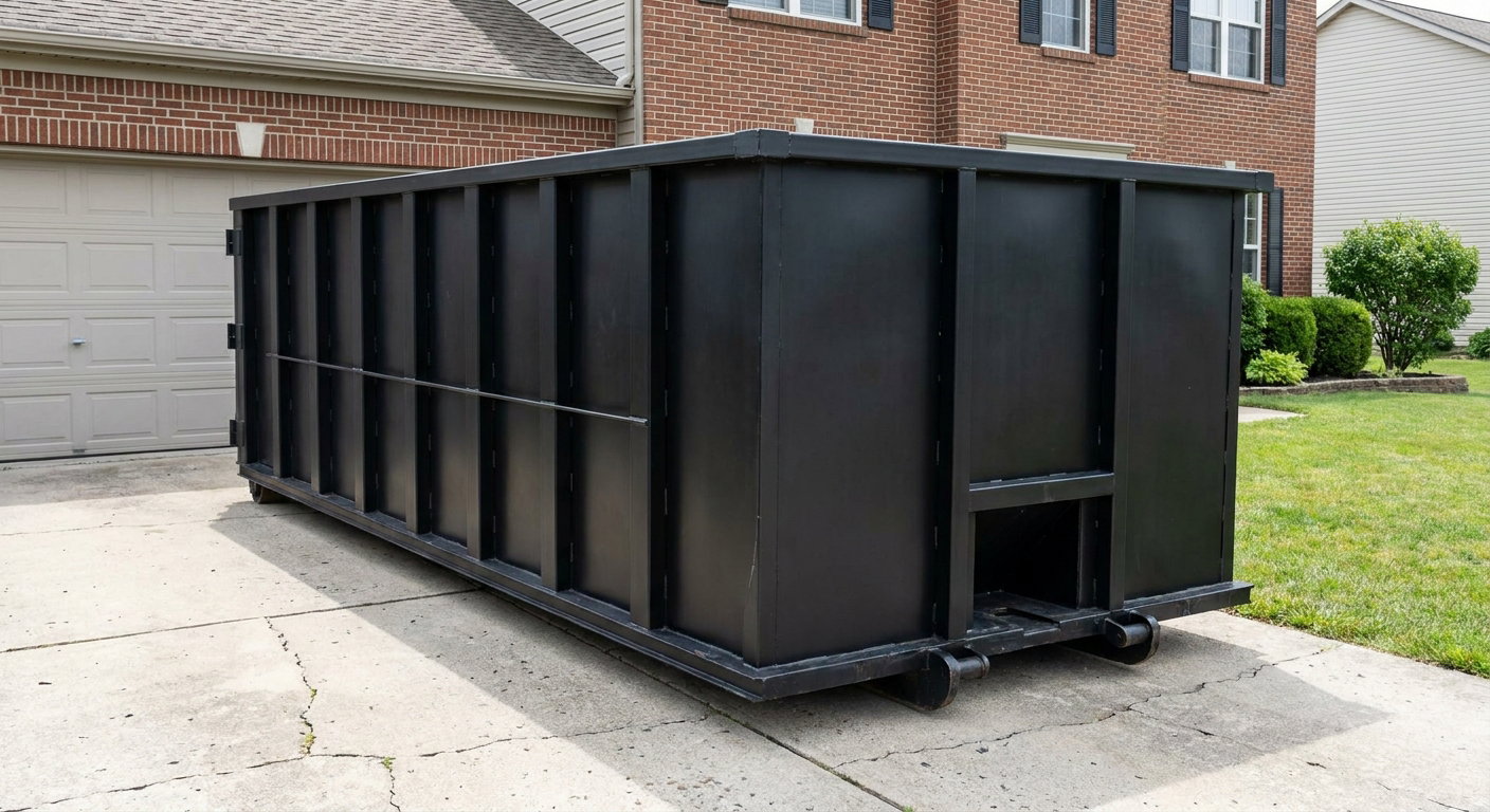 Matte-black 20-yard roll-off container on a Kennewick residential concrete driveway with reinforced ribbed steel sidewalls and a hinged rear walk-in door, clean bright daylight.