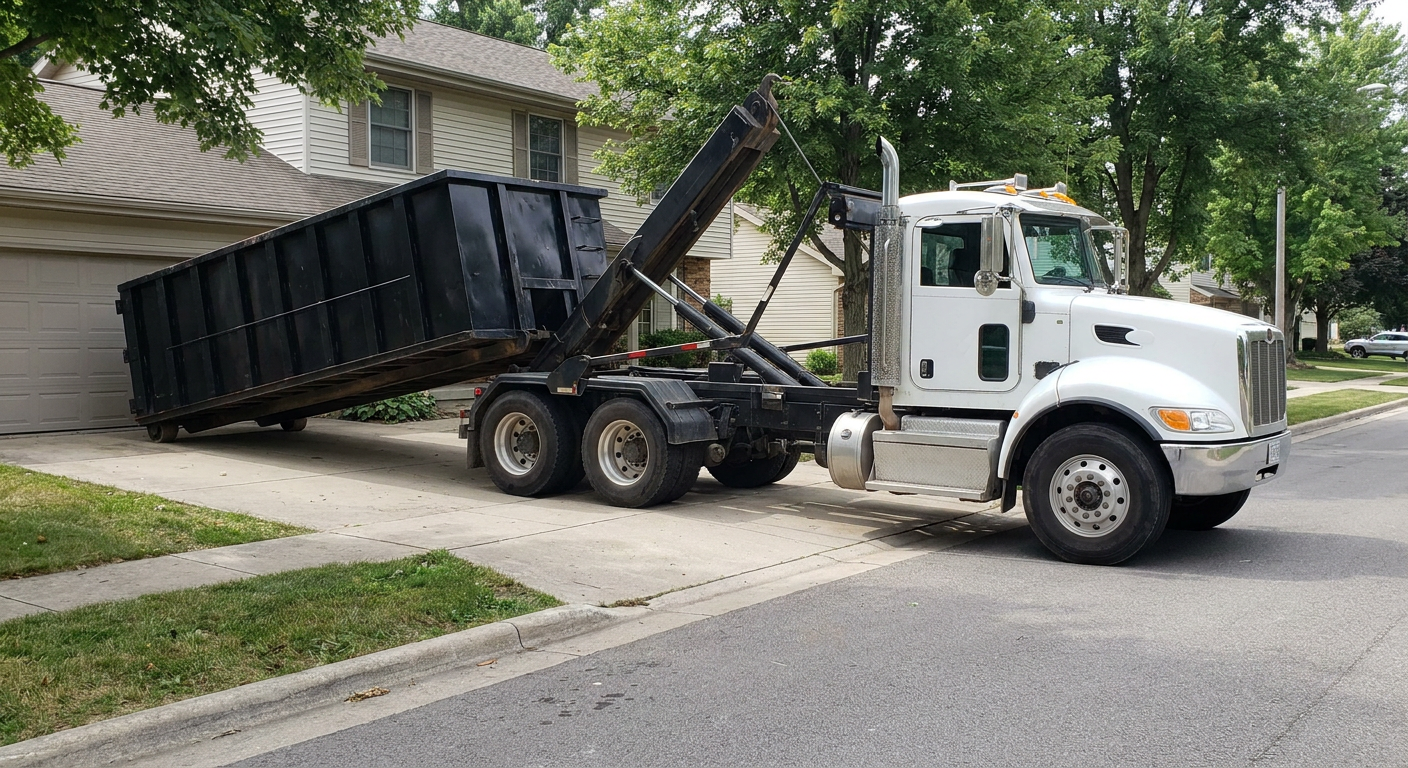 White-cab hooklift roll-off truck actively lowering a matte-black dumpster onto a Kennewick residential concrete driveway, the dumpster's rear wheels touching the driveway as the hoist arm tilts the bed forward, mid-morning daylight.