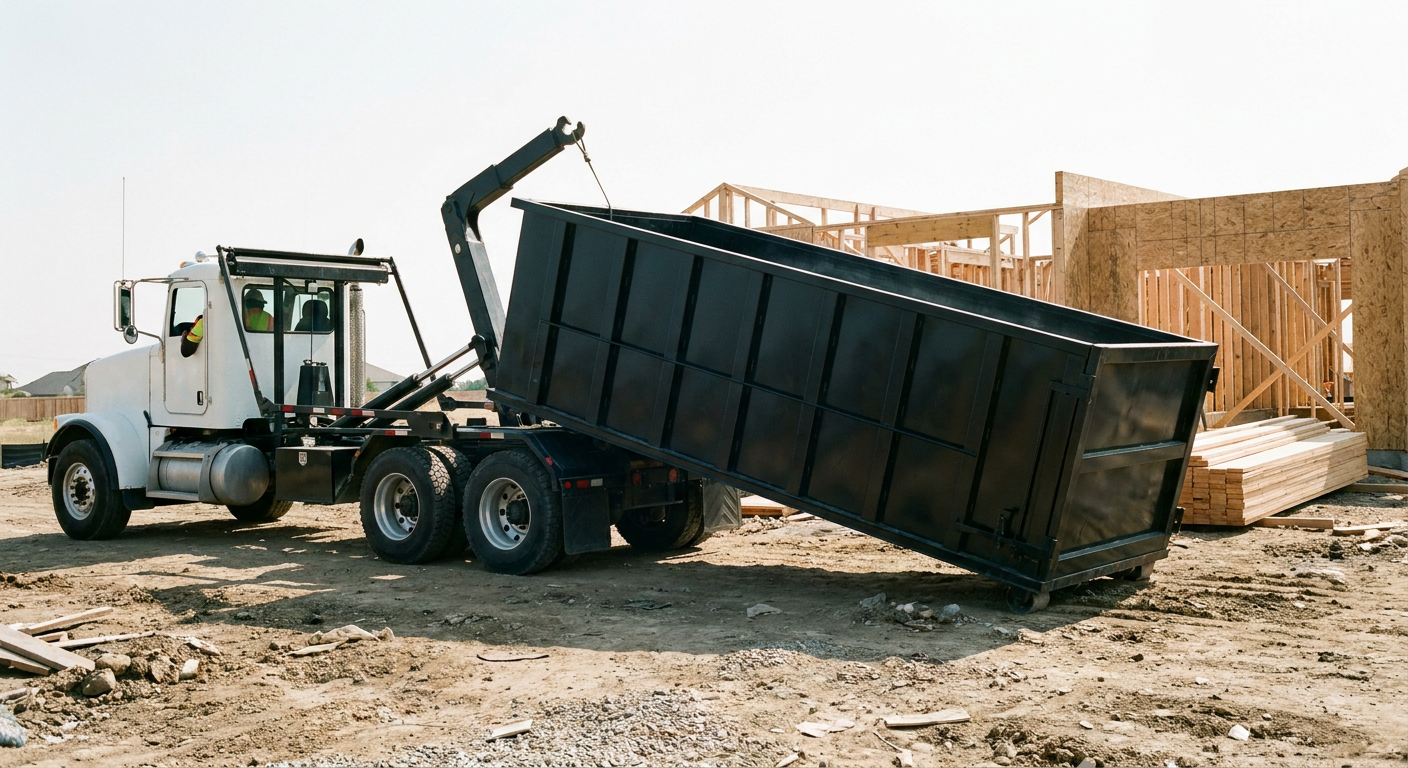 Matte-black roll-off dumpster being delivered onto a clean residential concrete driveway in Kennewick by an unmarked white hooklift hauler truck, bright morning daylight, documentary 35mm perspective.