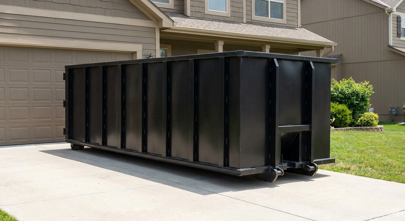 Matte-black residential roll-off dumpster sitting directly on a suburban Kennewick concrete driveway, garage door closed, single-family home in background, bright morning daylight.