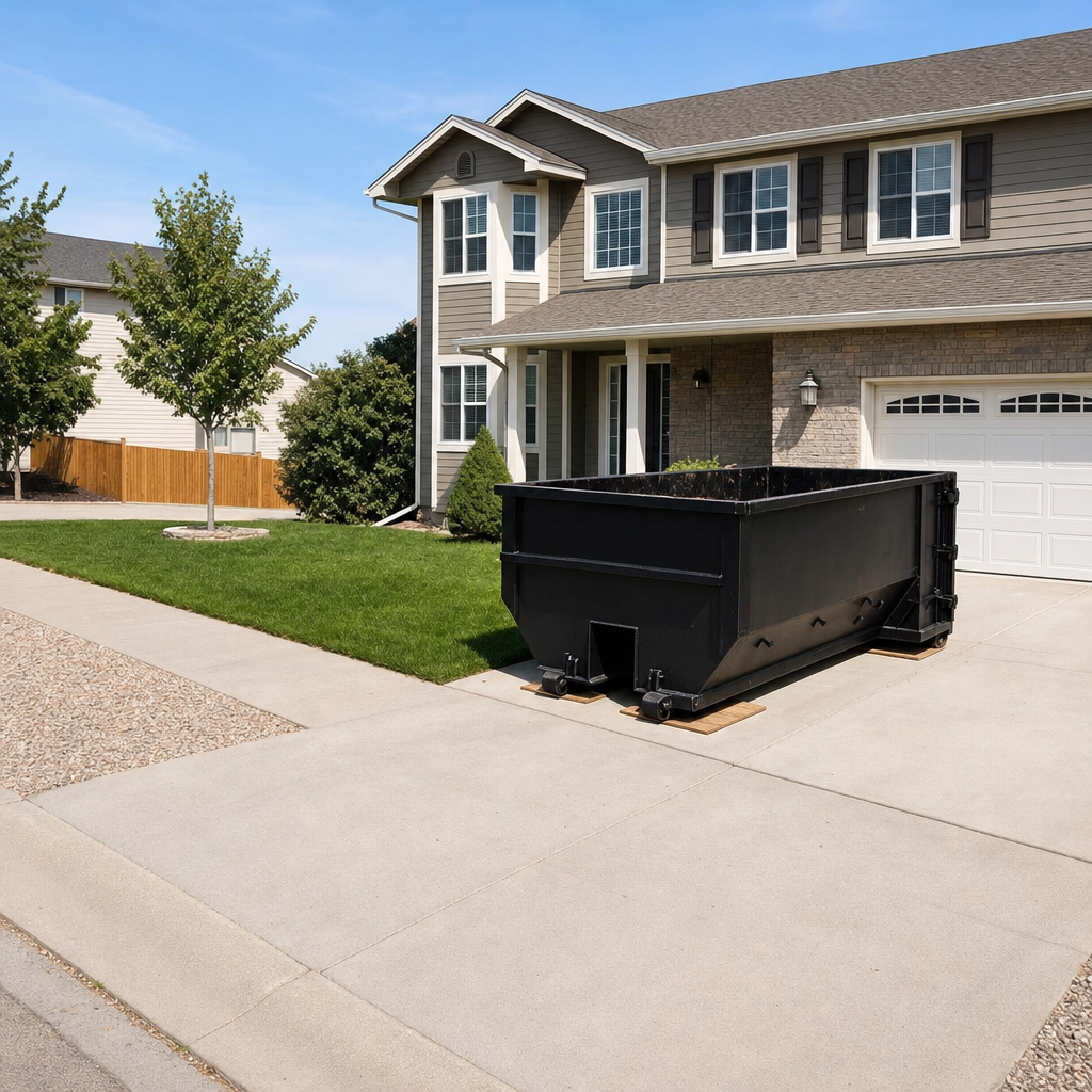 10-yard matte-black residential dumpster placed directly on a narrow Kennewick concrete driveway, room remains for a parked sedan beside it, mid-morning natural light
