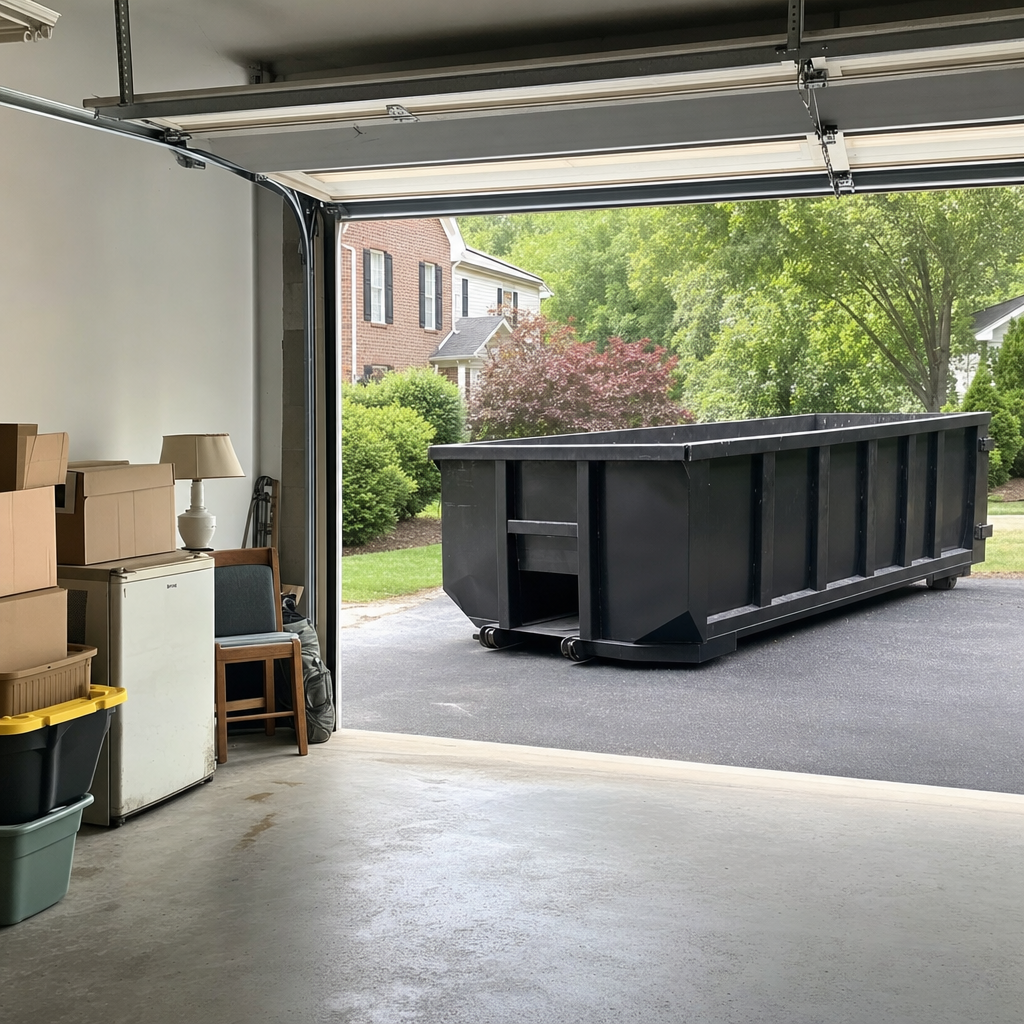 Open garage interior in a Kennewick home mid-cleanout — boxed items, an old appliance, and stacked yard tools queued near the driveway for a matte-black roll-off dumpster, organized and calm