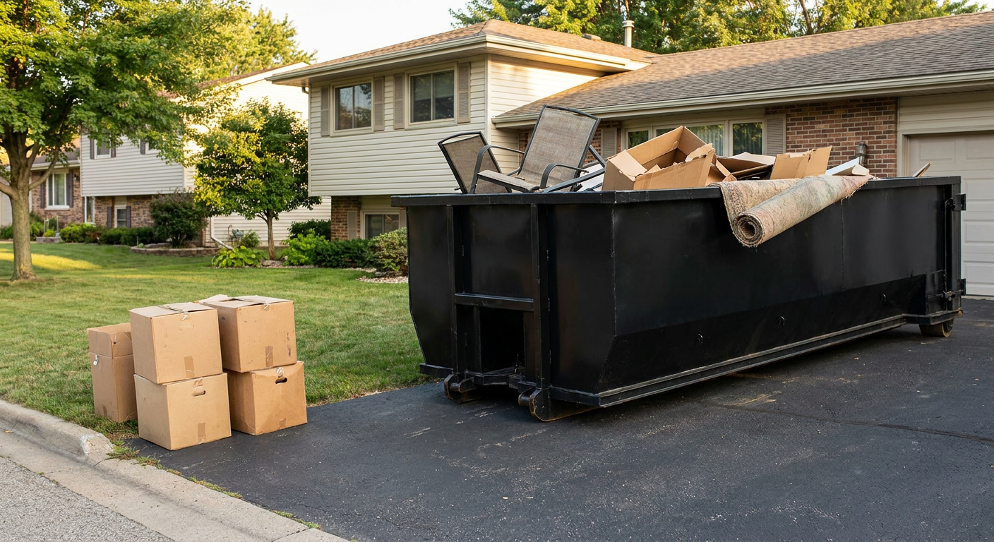 Front-yard view of a Kennewick split-level home with a 20-yard matte-black roll-off dumpster sitting directly on the asphalt driveway, a few clearly labeled donation boxes staged at the curb, calm sunny afternoon.