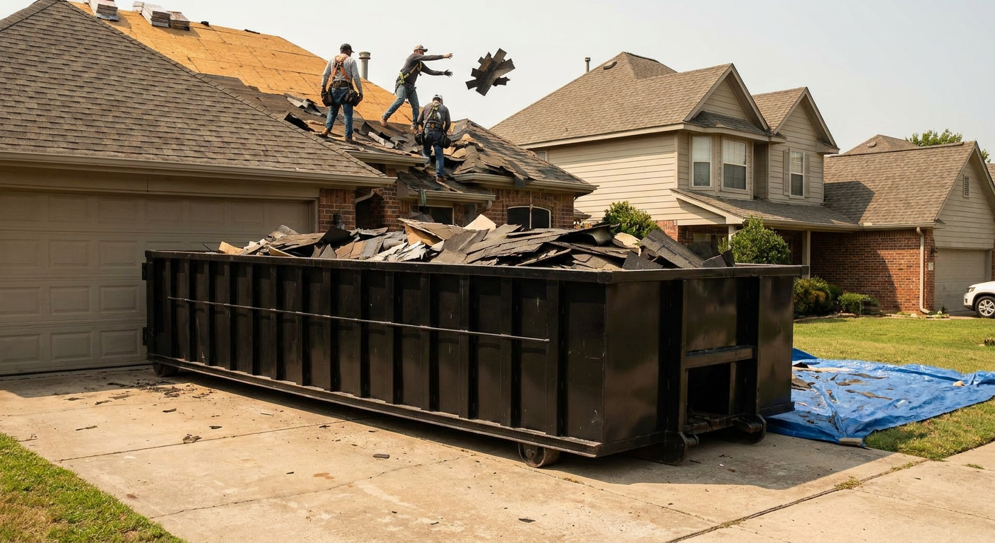 Matte-black roofing roll-off dumpster placed directly on a Kennewick residential concrete driveway, a tear-off crew on a two-story asphalt-shingle roof tossing shingle bundles into the low-walled container, bright daylight, documentary 35mm perspective.