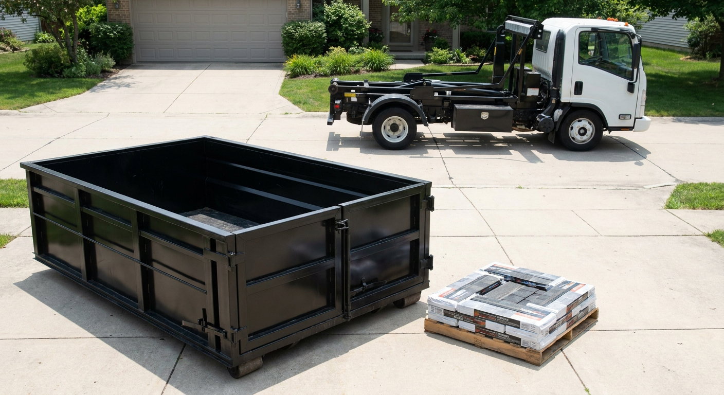 Matte-black 15-yard roofing roll-off dumpster with reinforced low side walls sitting directly on a Kennewick residential concrete driveway, three-tab asphalt shingle bundles stacked nearby, an unmarked white hauler truck partially visible at the edge of the frame.