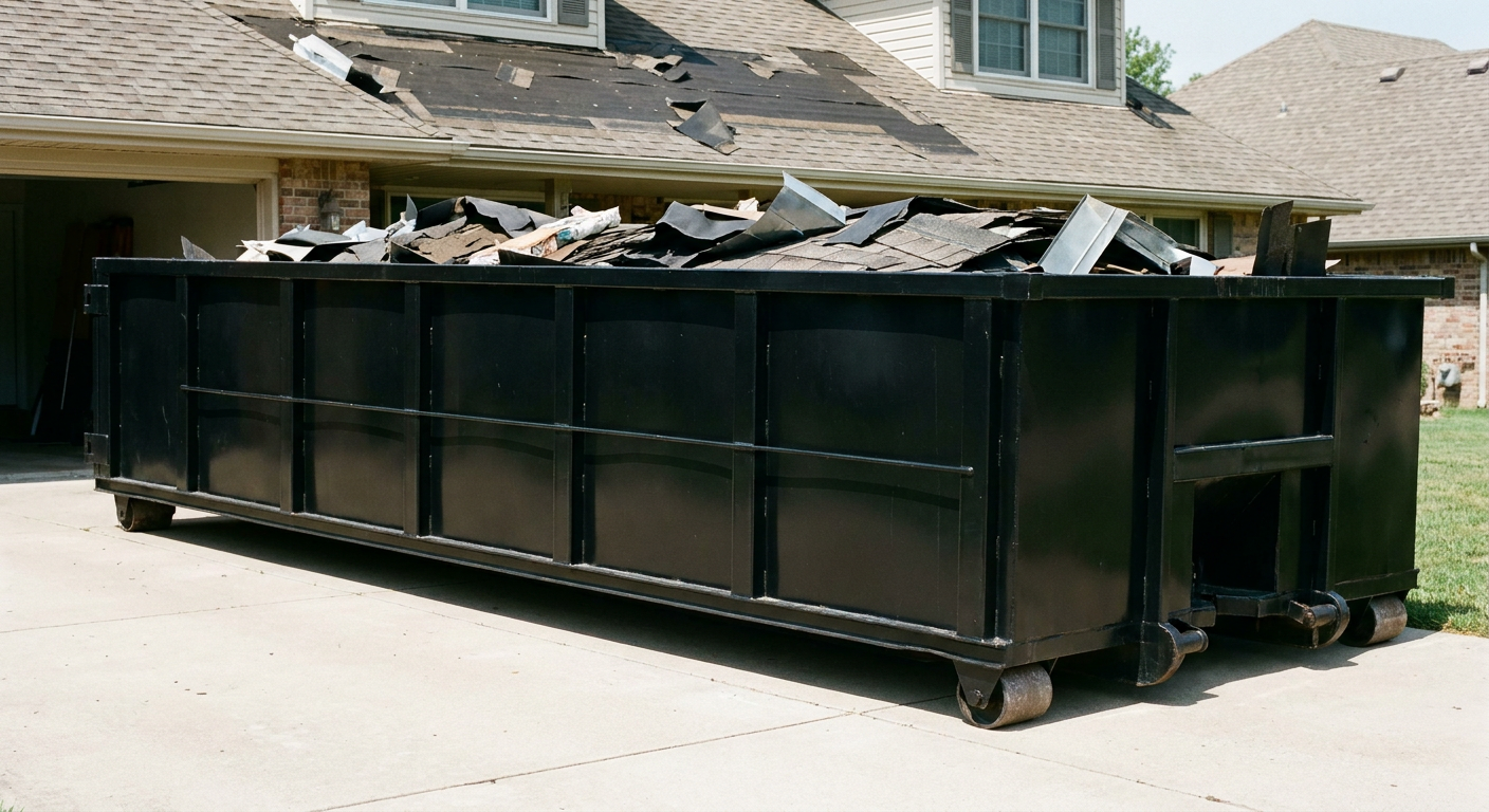 Matte-black 20-yard roofing roll-off dumpster with steel ribbed sides and swinging rear door, sitting directly on the concrete driveway of a two-story Kennewick home, asphalt shingle debris being loaded over the low wall, clean documentary lighting.