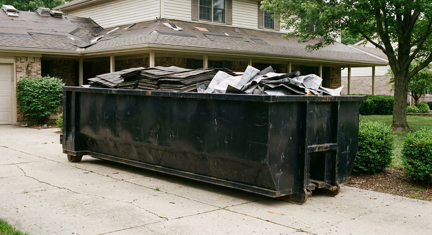 Matte-black 30-yard roofing roll-off dumpster sitting directly on a Kennewick concrete driveway, taller ribbed steel side panels, mixed tear-off debris of asphalt shingles and underlayment inside, professional documentary daylight.