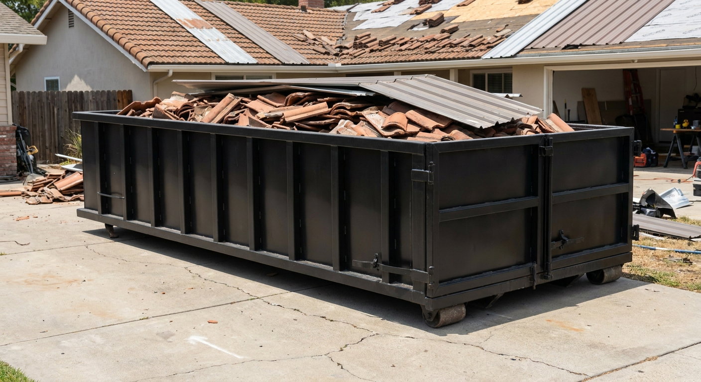 Matte-black low-wall heavy-debris roofing roll-off dumpster sitting directly on a Kennewick concrete driveway, broken concrete clay roof tiles and metal panel sections loaded inside, reinforced ribbed steel side walls visible, bright outdoor daylight.