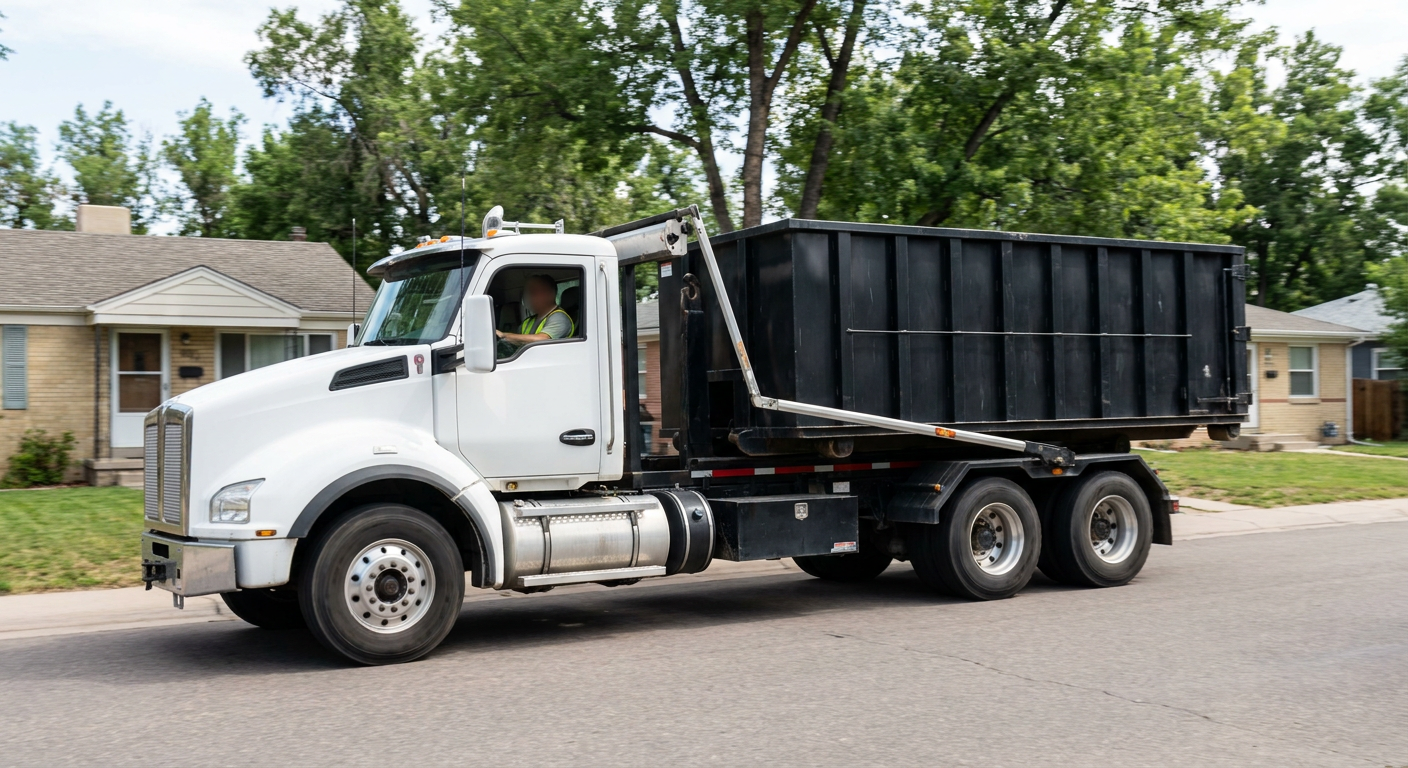 A wide documentary shot of a matte-black roll-off delivery truck pulling onto a quiet Kennewick residential street at mid-morning, with neighborhood rooftops and tree-lined blocks visible behind, showing the metro coverage footprint.