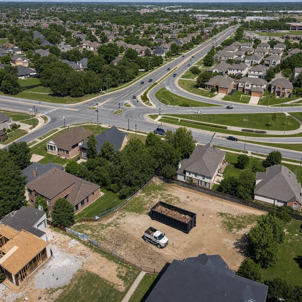 An overhead documentary view of the Kennewick metro area at midday, showing the spread of neighborhoods, arterial roads, and the dispatch radius from a central yard — clean daylight, organized geographic layout.