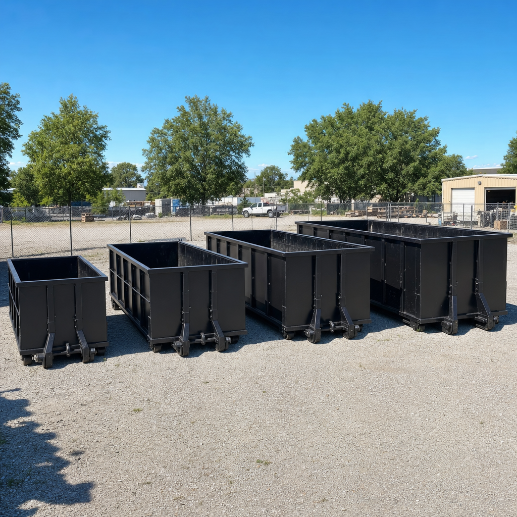 A clean lineup of matte-black roll-off dumpsters in 10, 20, 30, and 40-yard sizes staged on a sunlit gravel yard in Kennewick, showing the size progression from compact to commercial-scale containers.