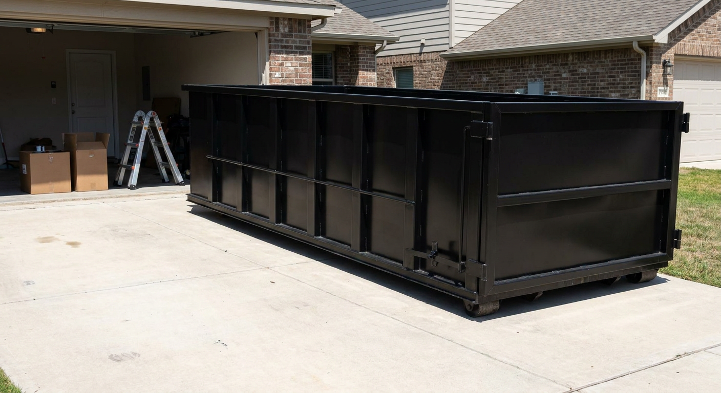 A matte-black 10-yard roll-off dumpster sitting directly on a residential Kennewick concrete driveway, mid-day sunlight, clean and ready for a garage cleanout.