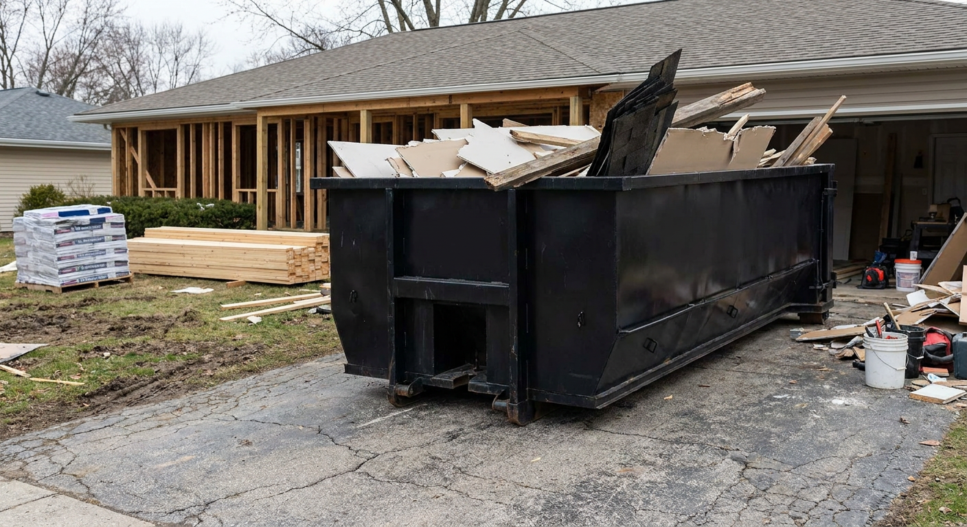A matte-black 20-yard roll-off dumpster placed alongside a mid-renovation Kennewick home directly on the asphalt driveway, with framing materials and torn-off shingles staged neatly nearby.
