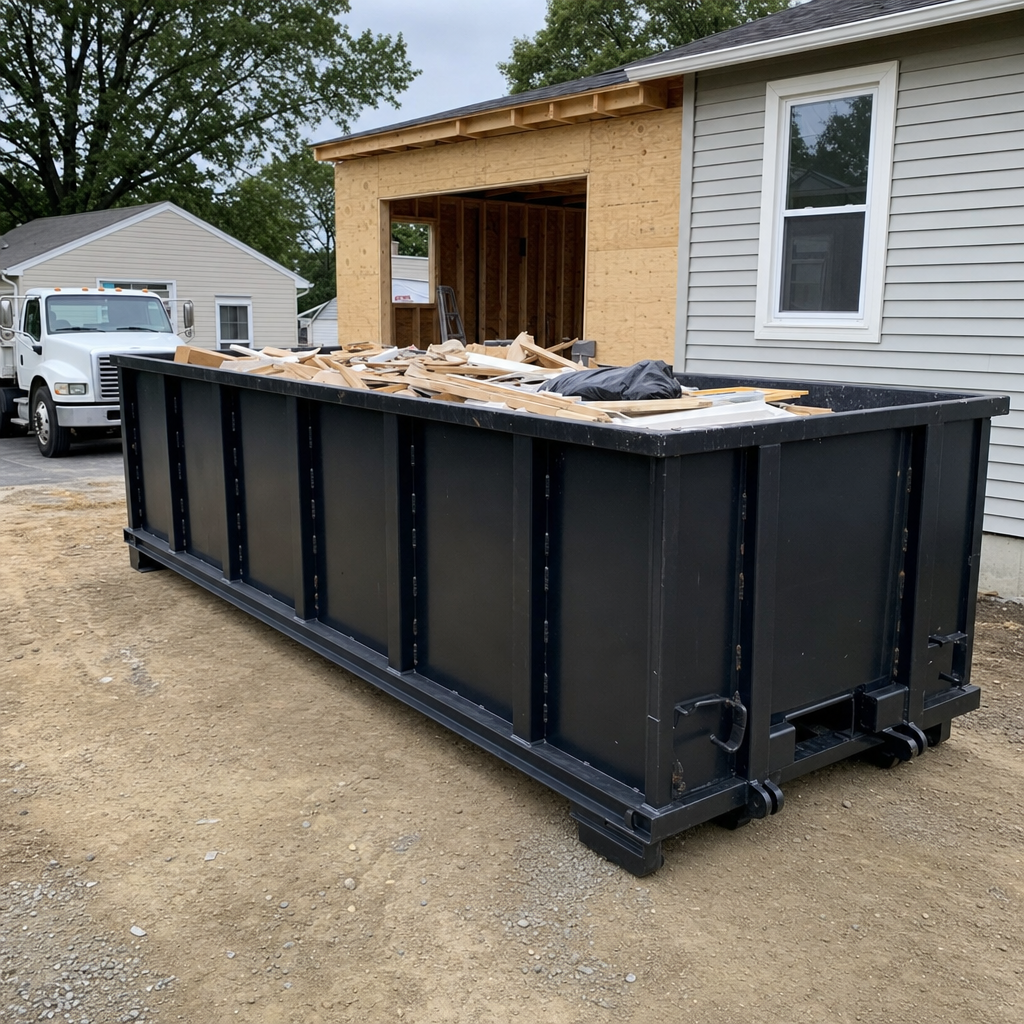 A matte-black 30-yard roll-off dumpster positioned at a Kennewick residential addition jobsite, with framing lumber and drywall scraps loaded through the open swinging rear doors.