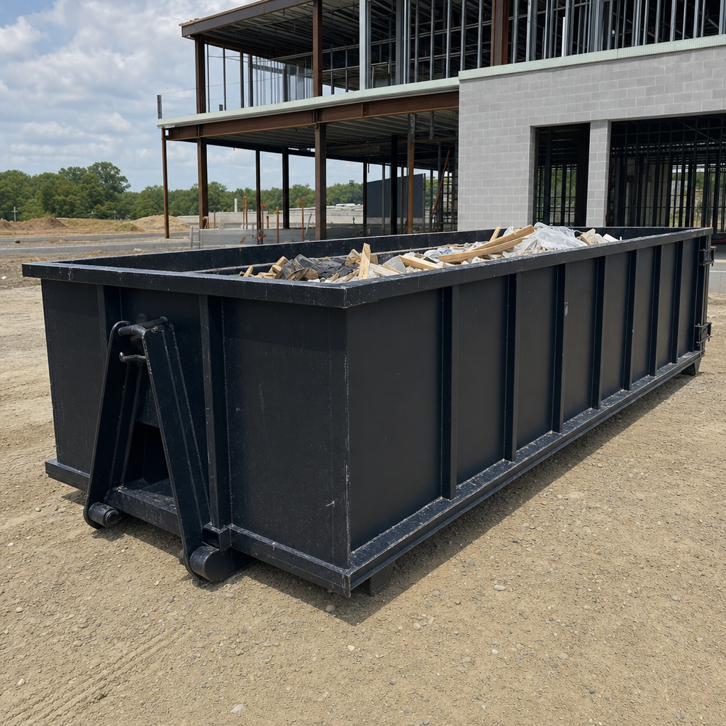 A matte-black 40-yard roll-off dumpster staged on a large Kennewick commercial construction lot, with a hooklift delivery truck parked alongside under bright midday sky.