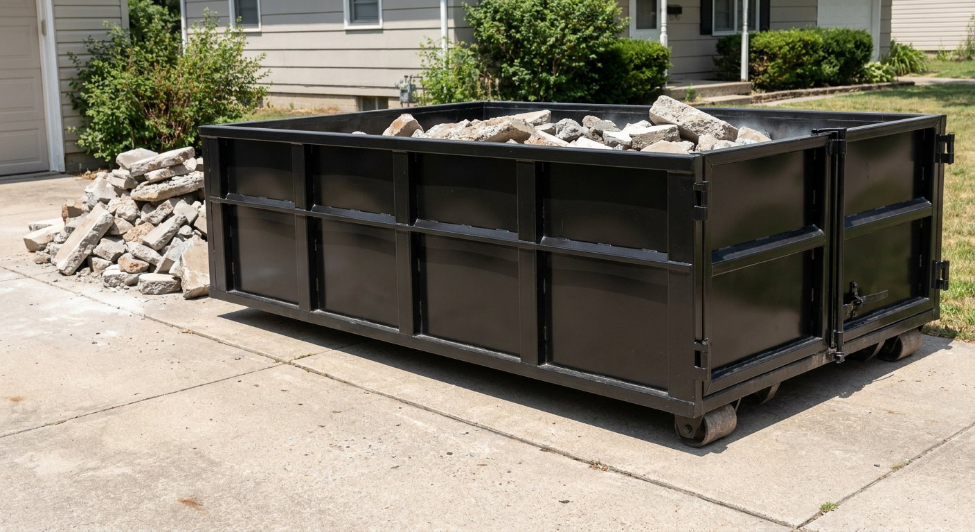 A matte-black low-side heavy-debris roll-off dumpster placed directly on a Kennewick concrete driveway, with broken concrete chunks neatly stacked beside it under clean daylight.